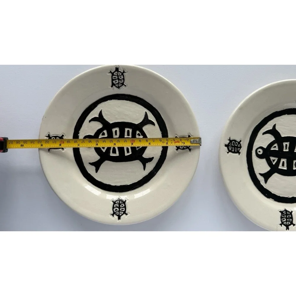 Anna Sullivan Studio Pottery Turtle Plates Tribal Folk Art Ceramic Set Signed
